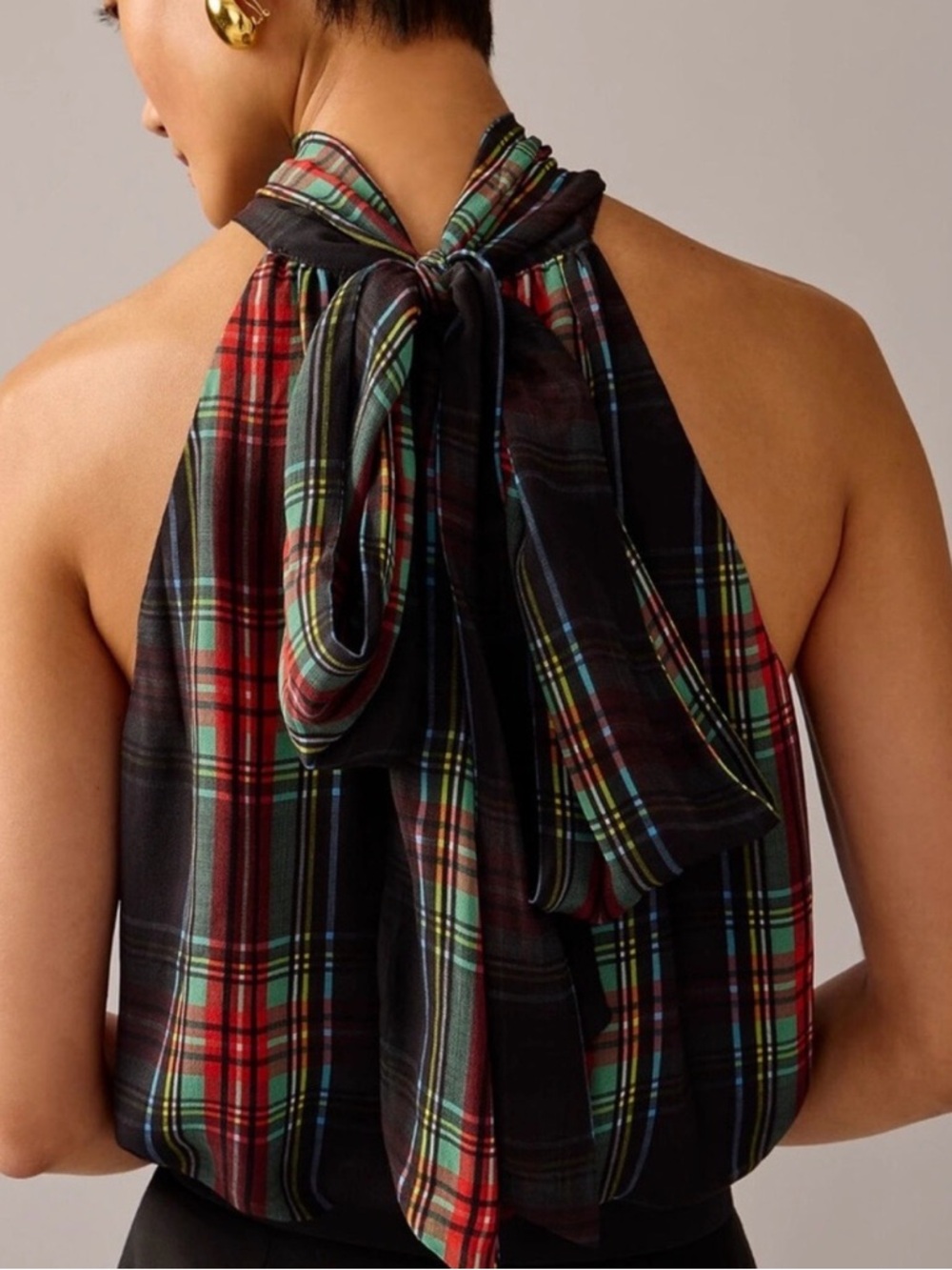 J. Crew Plaid Halter Neck Scarf Top - Black Multi